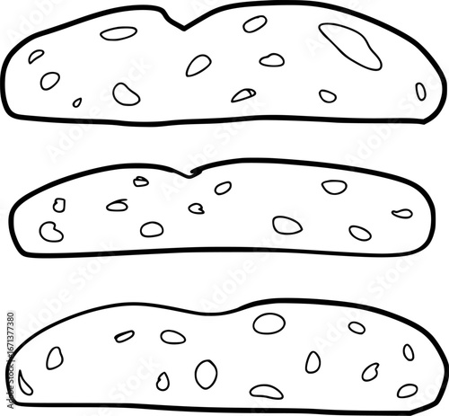 Three slices of bread with holes, black and white illustration
