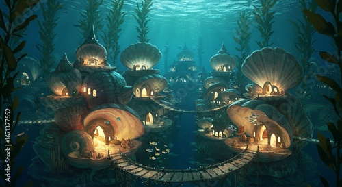Enchanting Underwater Shell Village in Kelp Forest