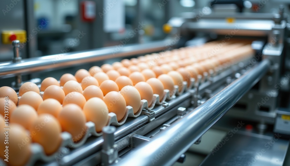 Fototapeta premium egg factory sorting line stainless steel machinery disinfected and shining, eggs moving orderly, photo realistic style, high resolution, clear composition