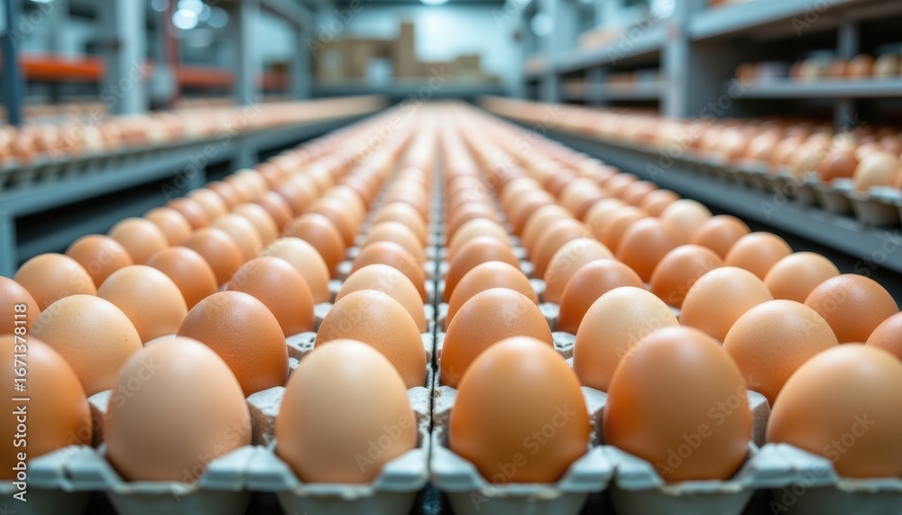 Fototapeta premium egg factory sorting line clean trays stacked symmetrically filled with uniform eggs, photo realistic style, high resolution, clear composition