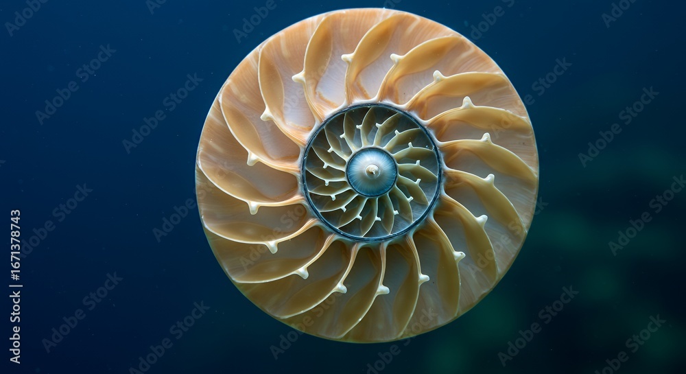 Obraz premium Nautilus Shell Cross-Section Revealing Nature's Perfect Fibonacci Spiral