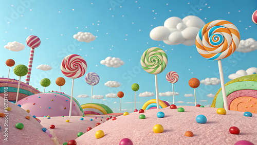 A whimsical candy land landscape with colorful lollipops and fluffy clouds creates a sweet fantasy