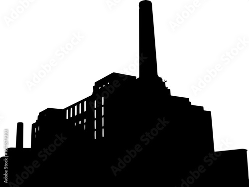 Constructivist Industrial Silhouette
A bold, black-and-white constructivist-inspired rendering of a massive industrial building with a prominent chimney and strong angled perspective.