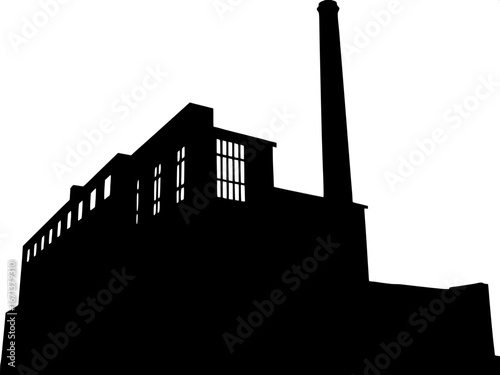 Constructivist Industrial Silhouette
A bold, black-and-white constructivist-inspired rendering of a massive industrial building with a prominent chimney and strong angled perspective.