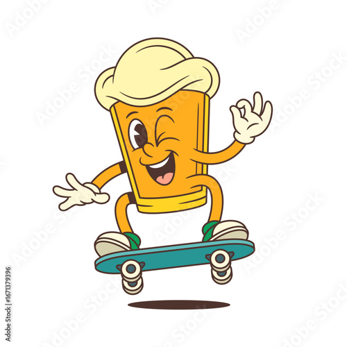 Playful cartoon beer glass character with foam head jumping on green skateboard, winking and making ok sign with hand. Perfect for brewery branding or event identity. Vector illustration