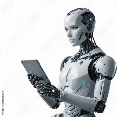 A humanoid robot holding a tablet device with a black background in a studio setting