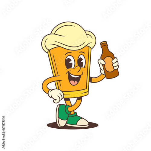 Vector cartoon beer glass mascot with a foamy head stands confidently with crossed legs while holding a brown beer bottle. Perfect for brewery branding, beer festivals, and beverage marketing designs