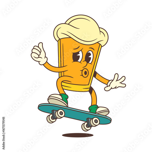 Funny cartoon beer glass mascot with foam head riding a skateboard, whistling, and showing a thumbs up gesture. Perfect for brewery identity or event promotion. Vector illustration