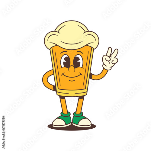 Yellow cartoon beer glass mascot with a large foamy head stands upright, smiling slightly and showing a peace hand gesture. Ideal for brewery branding, beer festivals. Vector illustration