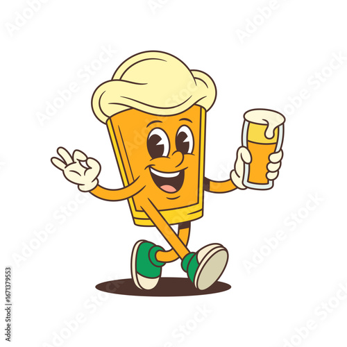 Yellow cheerful cartoon beer glass mascot walking joyfully holding a beer glass and showing an Ok gesture. Ideal for brewery branding, beer festivals, and promotional designs. Vector illustration