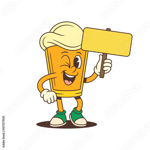 Yellow cartoon beer glass mascot with large foamy head winking and holding a blank yellow signboard. Perfect for brewery branding, and promotional designs. Isolated on white . Vector illustration