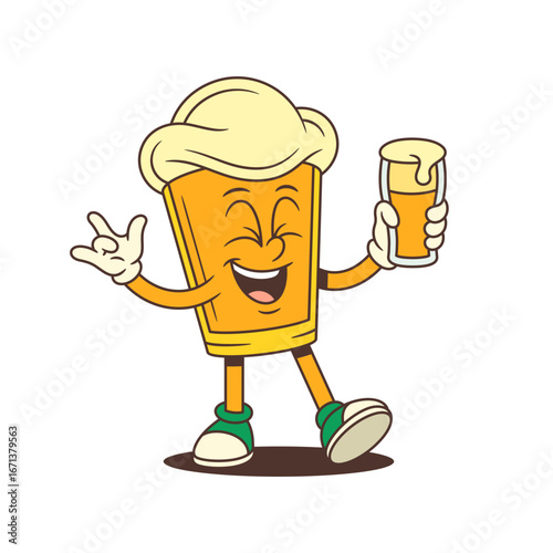 Joyful cartoon beer glass mascot with large foam head laughing with closed eyes, holding beer and showing ILY hand gesture. Ideal for brewery identity or festival design. Vector illustration