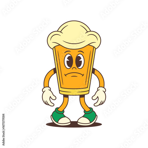 Unhappy cartoon beer glass mascot with large foamy head standing with lowered arms and a disappointed expression. Ideal for brewery branding and beer events. Vector illustration