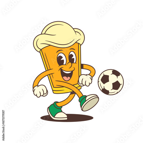 Cheerful cartoon beer glass mascot with frothy head kicking a football and smiling with joy. Perfect for brewery promotion, sports bar design, or beer event branding. Vector illustration