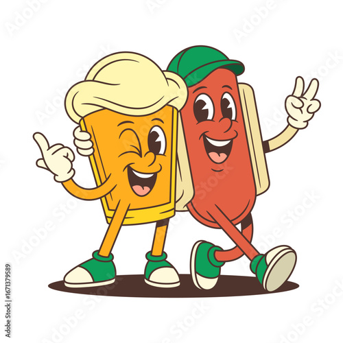 Playful cartoon beer glass character with large foam top winking while hugging hot dog friend. Perfect design for brewery advertising and food festival branding. Vector illustration