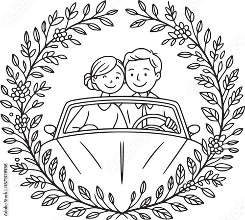 Happy Couple in Car: A heartwarming illustration of a couple in a vintage car, framed by a delicate wreath of leaves and flowers, embodying the joy and romance of togetherness.