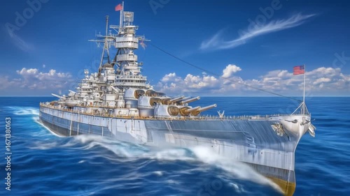 Battleship on ocean waves under blue sky with Taiwanese flag flying.
