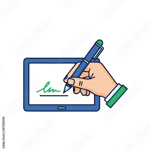 A person's hand uses a stylus pen to write a digital signature on a tablet screen.