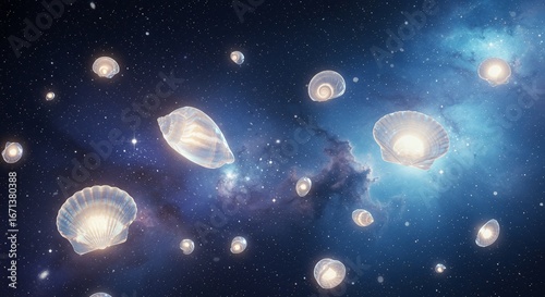 Ethereal Seashells Floating in Starry Space