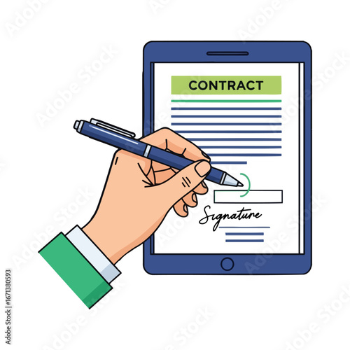 Digital contract signing using a stylus pen on a tablet, representing secure agreement and electronic business transactions for legal documentation