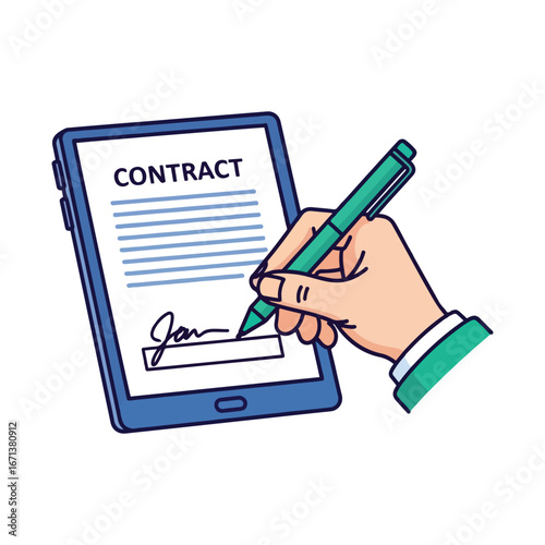 A cartoon hand uses a green pen to digitally sign a contract displayed on a blue tablet screen, symbolizing modern business agreements.