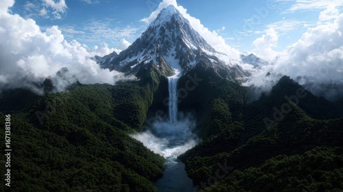 Majestic mountain with waterfall cascading into river.