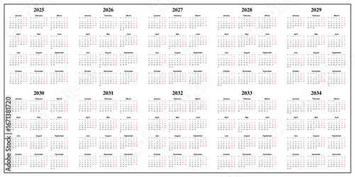 Minimalist 10-Year Calendar 2025, 2026, 2027, 2028, 2029, 2030, 2031, 2032, 2033, 2034 with Monday Start – Monochrome Decade Planner for Long-Term Scheduling and Productivity