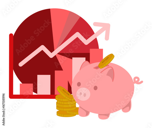 Illustration of a piggy bank with coins and a rising financial graph. This image is perfect for concepts of savings, investment growth, financial planning, business presentations, and educational mate