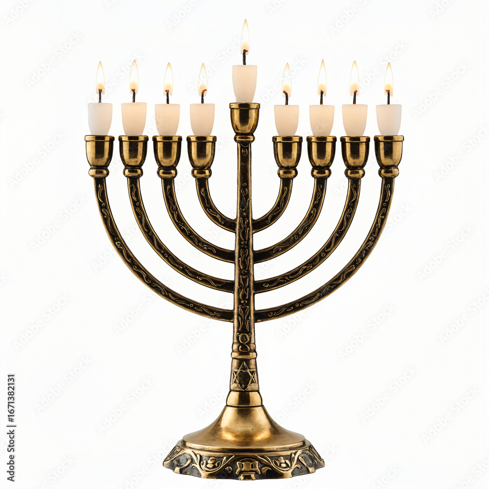 Fototapeta premium Traditional menorah with candles lit during Hanukkah celebration