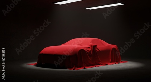 A car is covered with a red cloth in a dark room, illuminated by two spotlights.