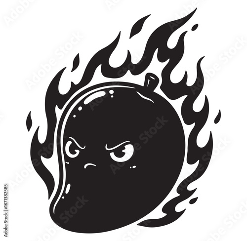 A fierce mango character with fiery flames in black and white illustration design