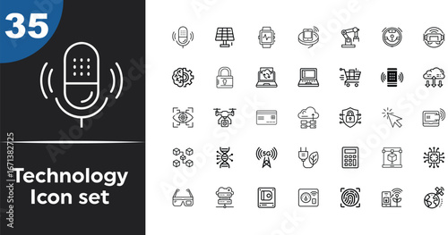 Set of 35 outline icons for technology and digital innovation concepts microphone sound