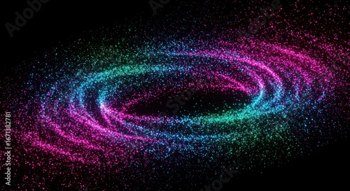 Abstract swirling pattern of vibrant pink and teal colored particles against a black background.