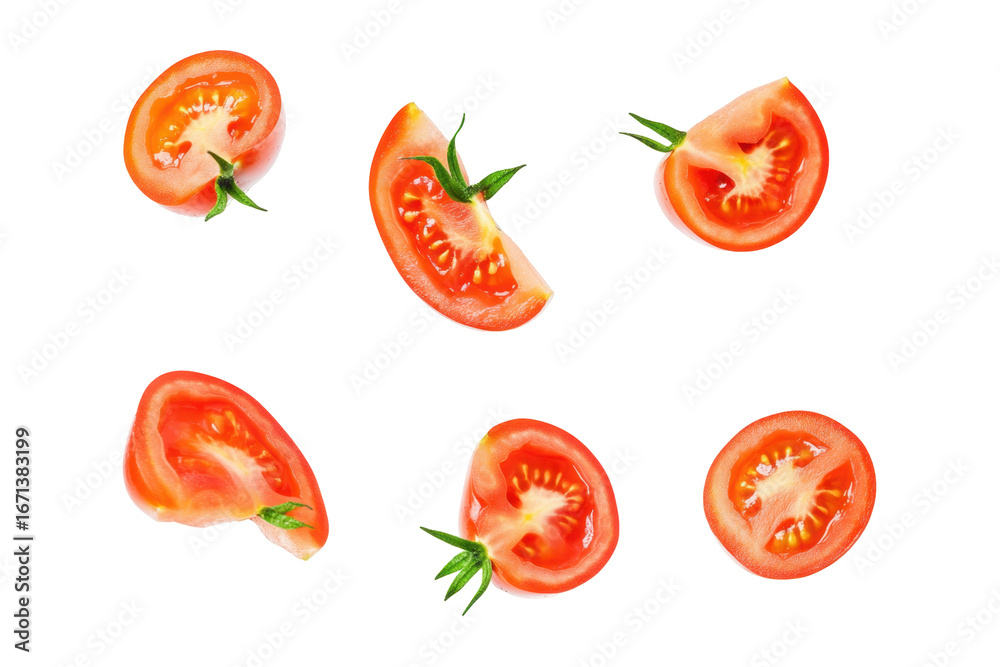 Sliced Fresh Red Tomatoes with Green Stems on Transparent Background for Cooking and Garnishing Sliced Fresh Red Tomatoes with Green Stems on Transparent Background for Cooking and Garnishing