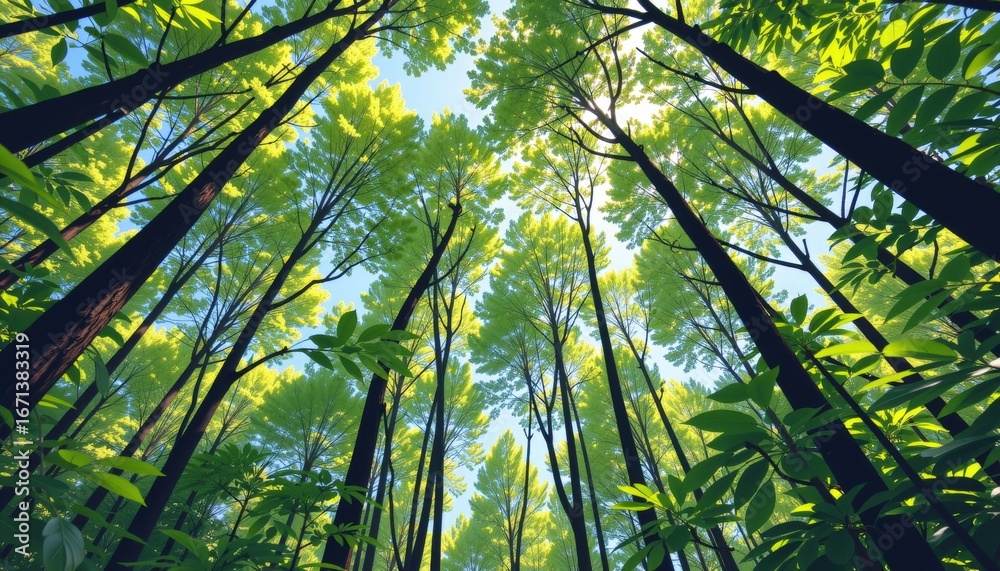 Fototapeta premium Lush Spring Forest Canopy with Sunlight Filtering