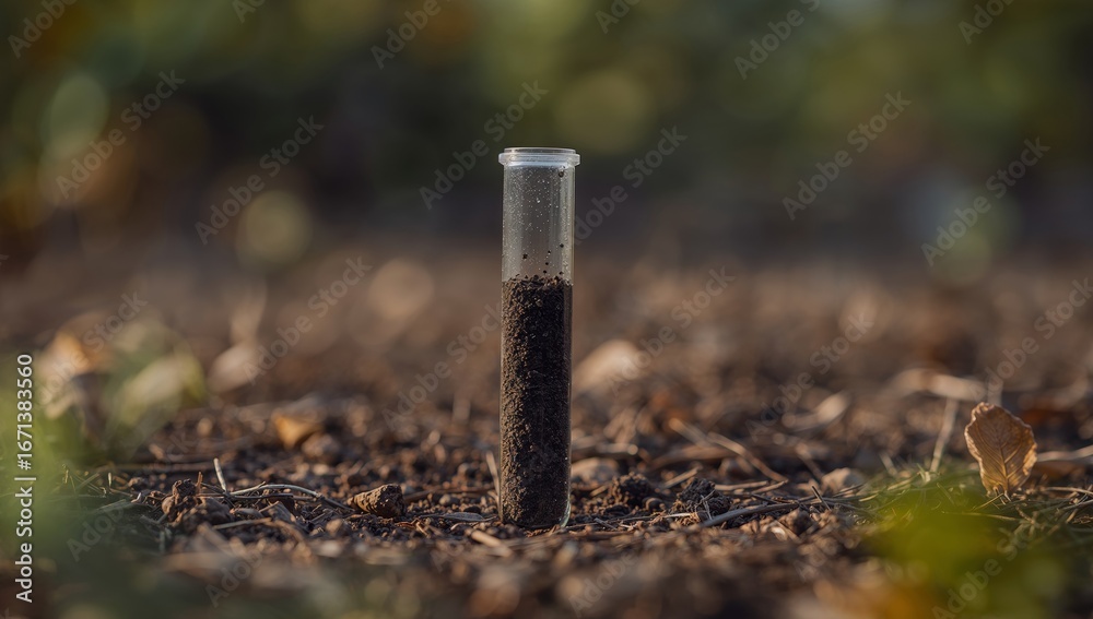 Obraz premium Soil Analysis. Test Tube with Soil Sample on the Ground, Focus on Environmental Research.