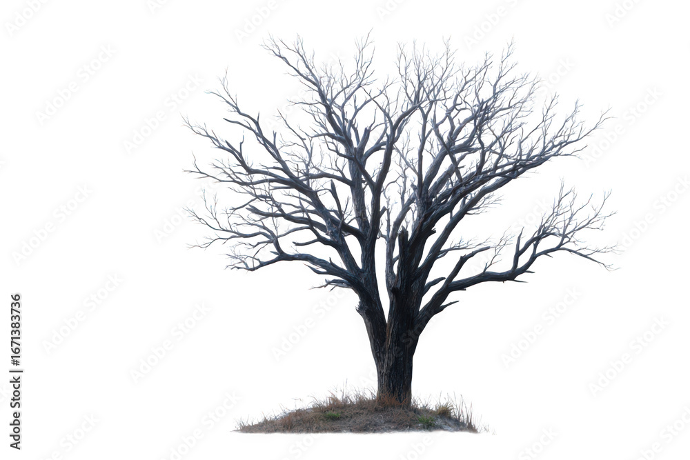 Obraz premium A solitary bare tree stands out against a white background, evoking solitude.
