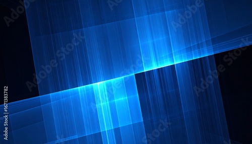 Abstract blue glowing geometric shapes intersect on a black background