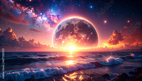 宇宙の彼方に沈む惑星と夕焼けの海