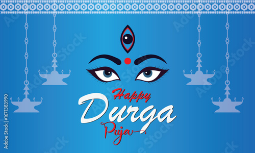 Happy Durga Puja greeting with goddess eyes. Blue festive background featuring goddess Durga eyes, traditional arch design, hanging lamps, and greeting text . Template Design with Goddess Durga .