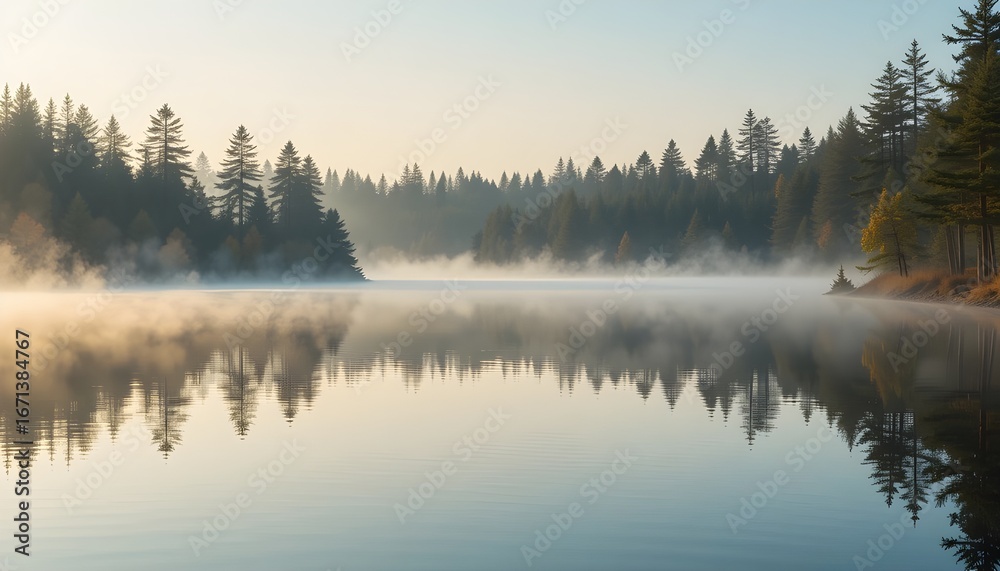 Fototapeta premium Tranquil Foggy Lake at Sunrise in the Wilderness