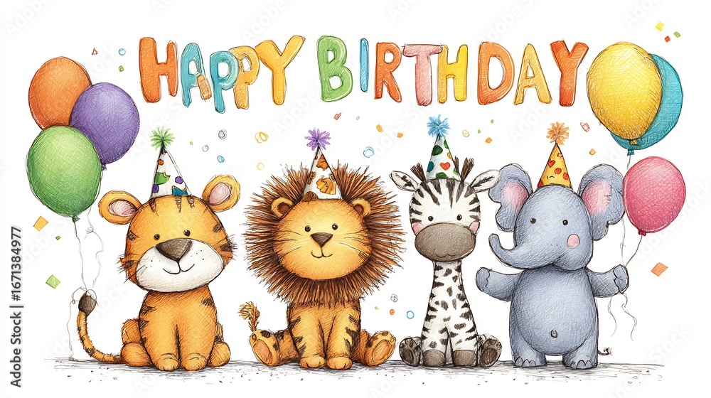 Fototapeta premium Happy Birthday card kids cartoon animals with party hats bright balloons playful design cheerful colors no people