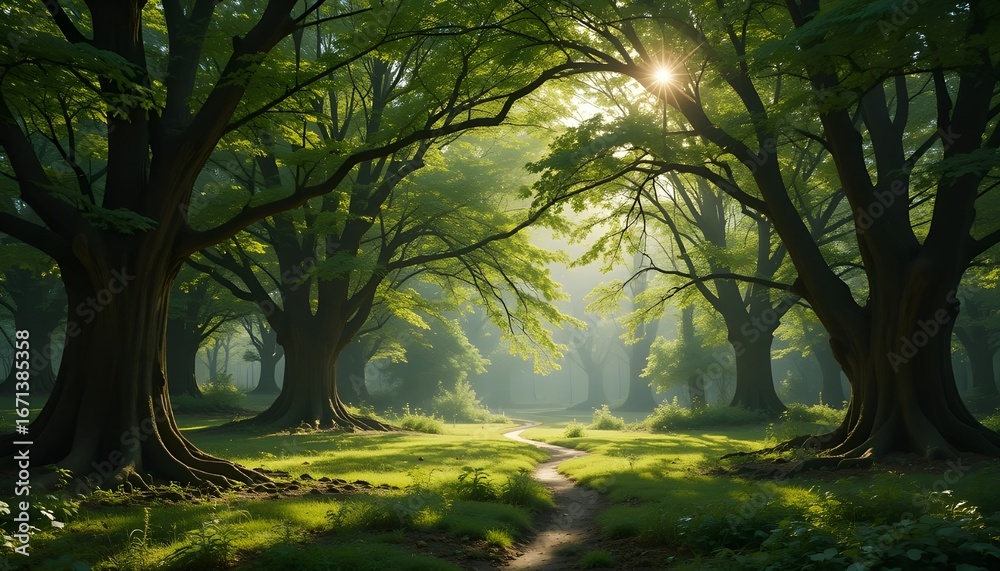 Naklejka premium e: Majestic sunlit forest with ancient trees and a mystical glow. A tranquil, ethereal scene of nature's beauty perfect for peaceful, stunning wallpapers and art.