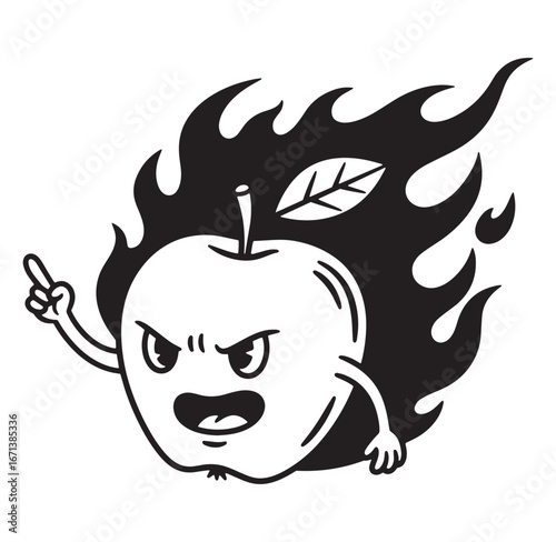 Angry apple cartoon character on fire pointing digitally drawn vector illustration