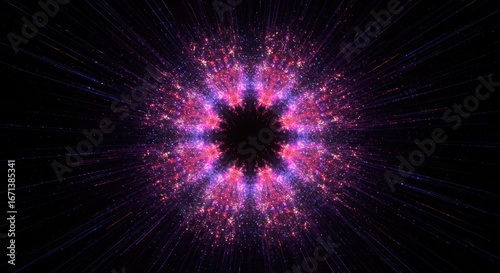 Abstract fractal design with radiating pink and purple light patterns.