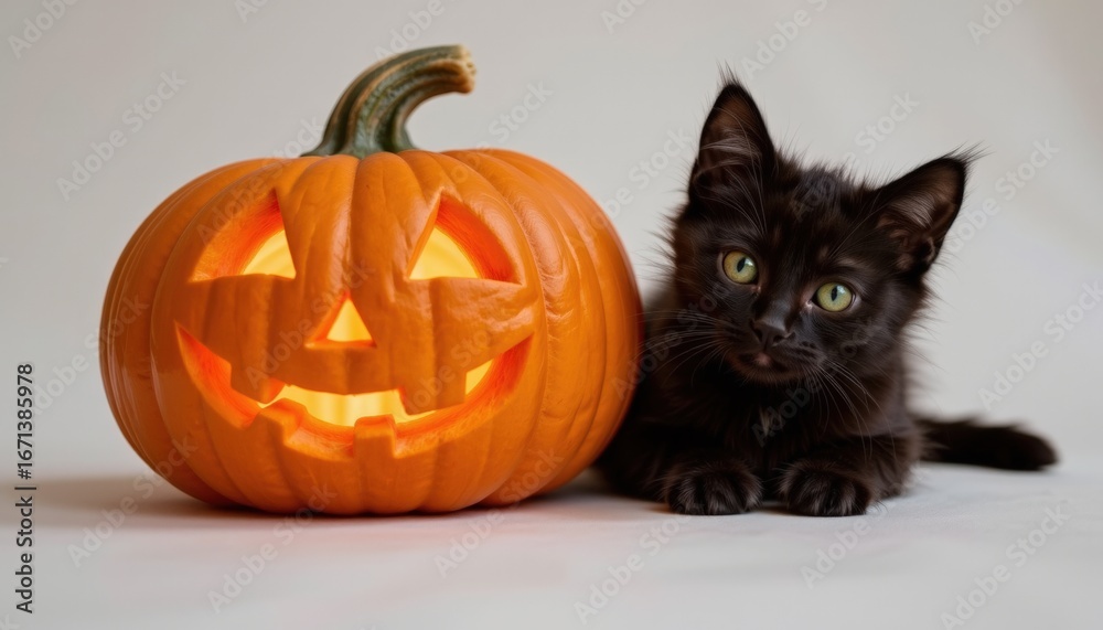 Fototapeta premium Playful Black Kitten with Glowing Pumpkin White Background