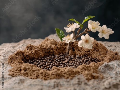 Coffee beans and powder with delicate white blossoms.