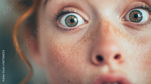 A surprised young girl with red hair and freckles looks directly at the camera, showcasing expressive green eyes.