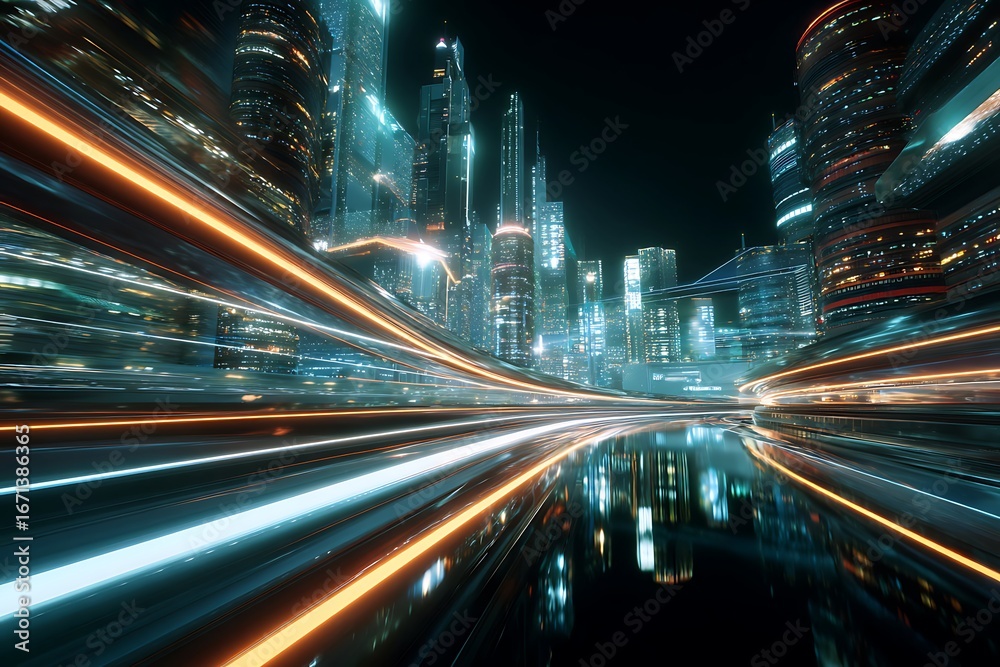 Fototapeta premium Futuristic cityscape at night with light trails.