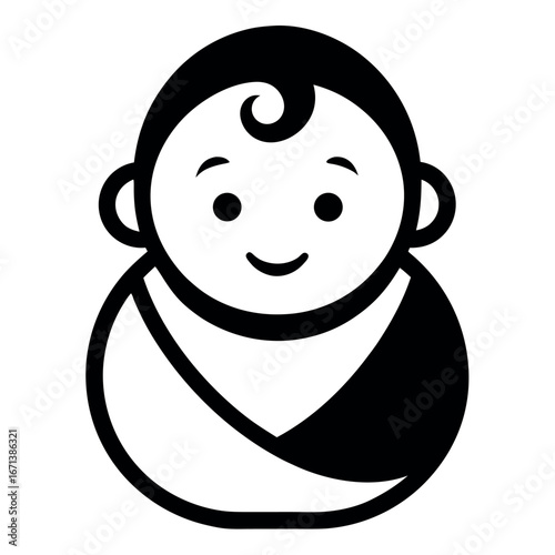 Black and White Depicting a Smiling Baby Swaddled in a Cloth Wrap